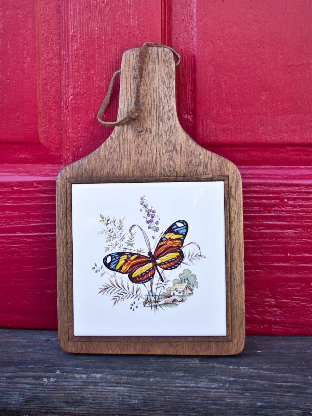 Vtg Butterfly Trivet - Wood and Ceramic Tile Wall Decor - Farmhouse Kitchen